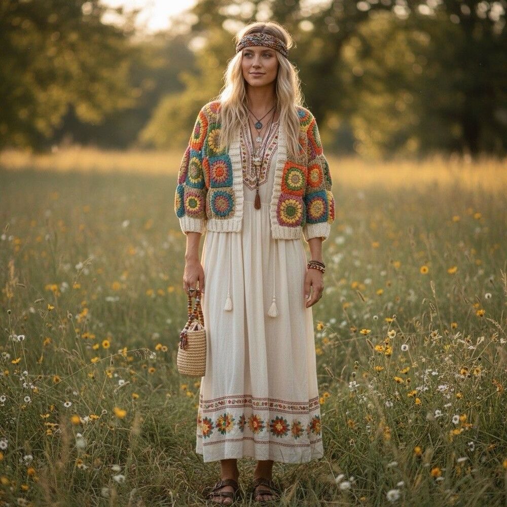 Handmade Boho Floral Granny Square Crochet Patchwork Cardigan Sweater Medium